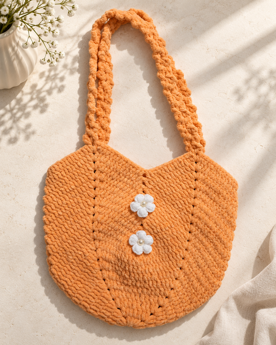 Peach Pearl Crochet Shoulder Bag